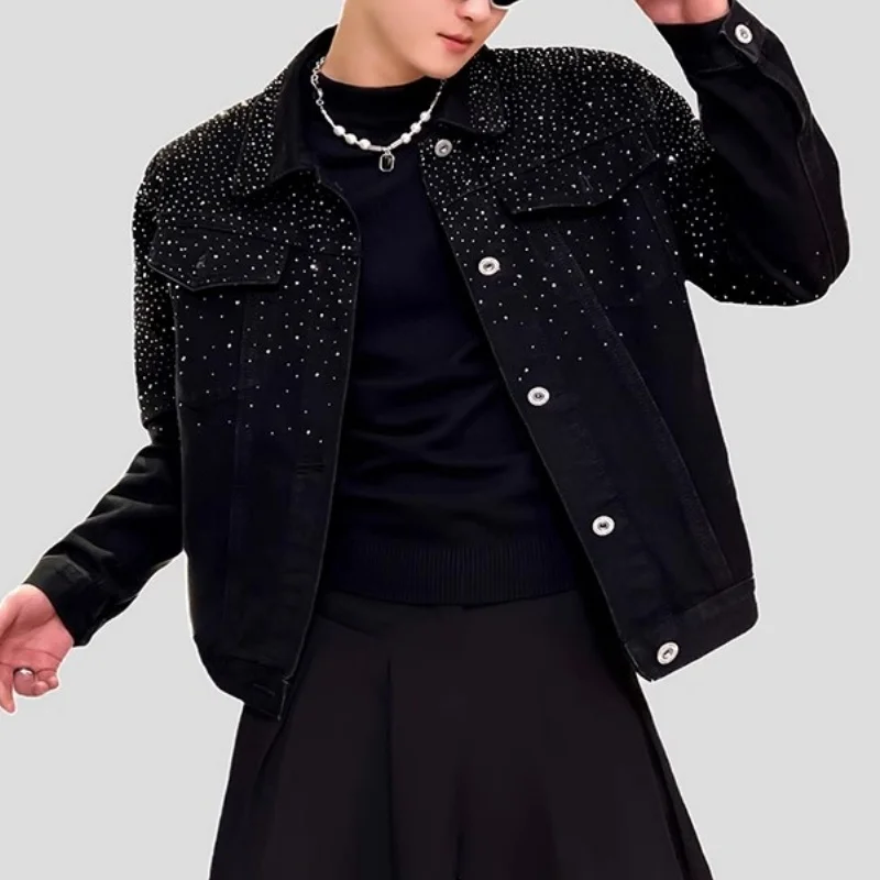 Men Black Rhinestone Denim Jacket Gradient Sparkly Diamond Coat Button Up Casual Streetwear Male Glitter Hot Drill Outerwear