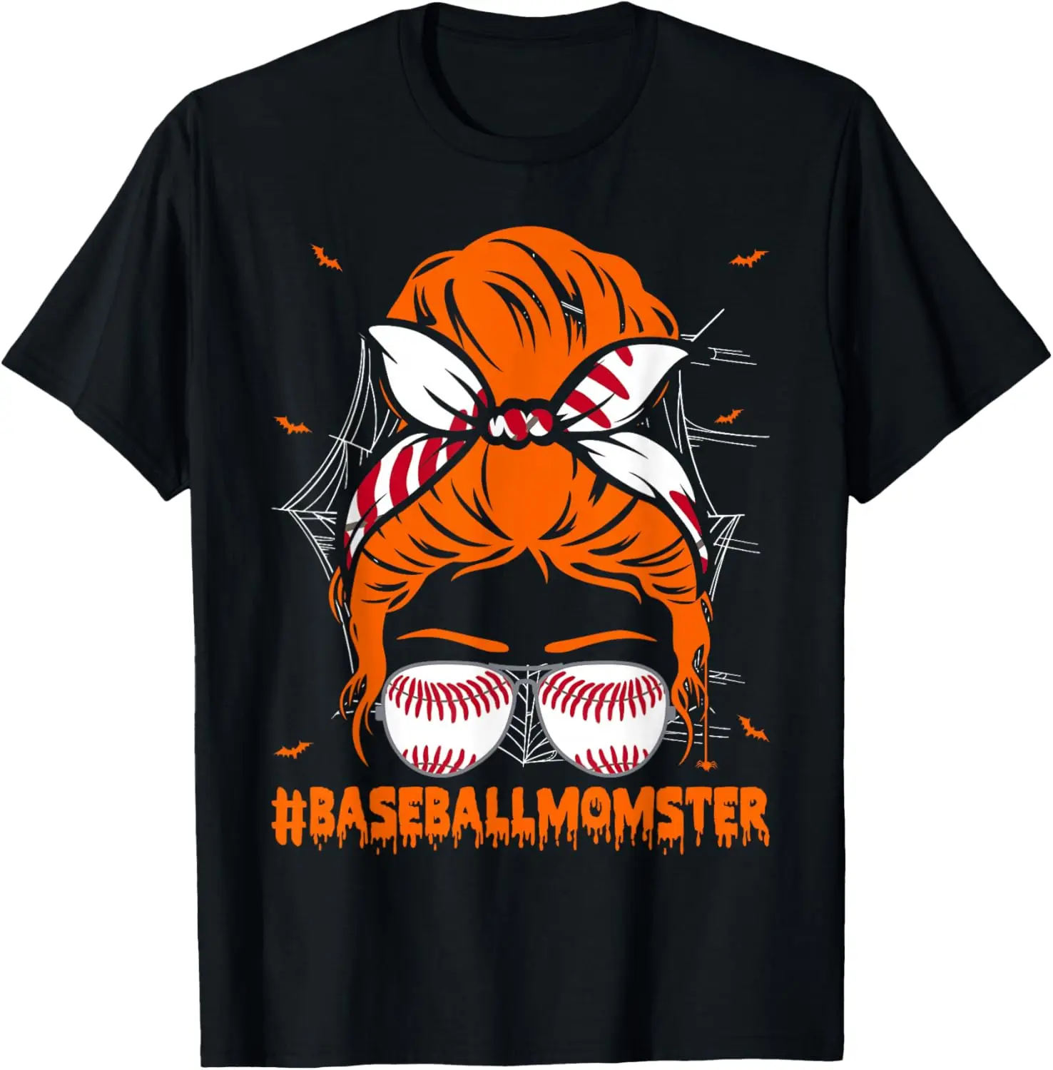 Baseball Momster for Women Halloween Mom Messy Bun T-Shirt