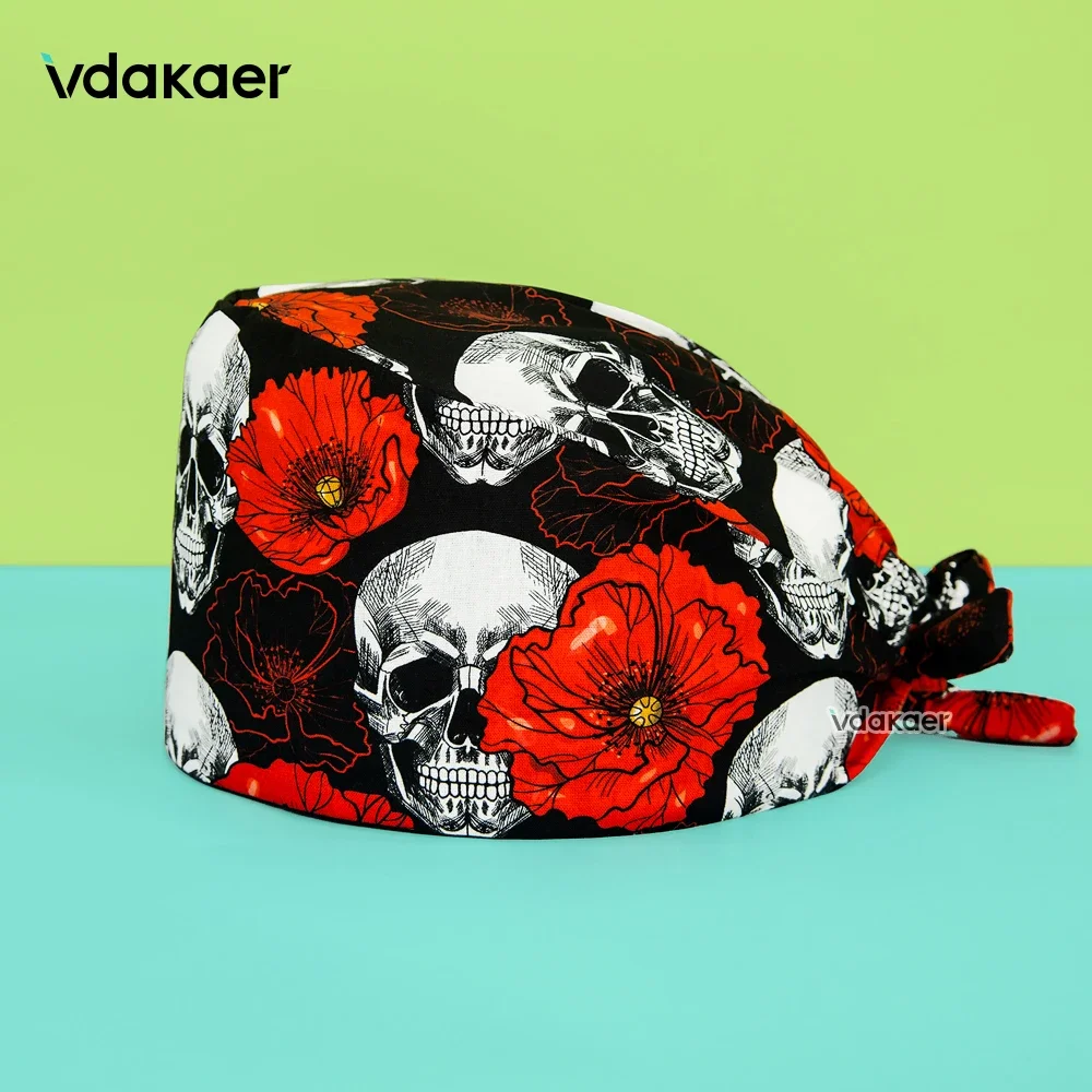 women and man Skull flower priting Scrubs Cap adjustable lab staff Scrub hat beauty salon laboratory nursing cap