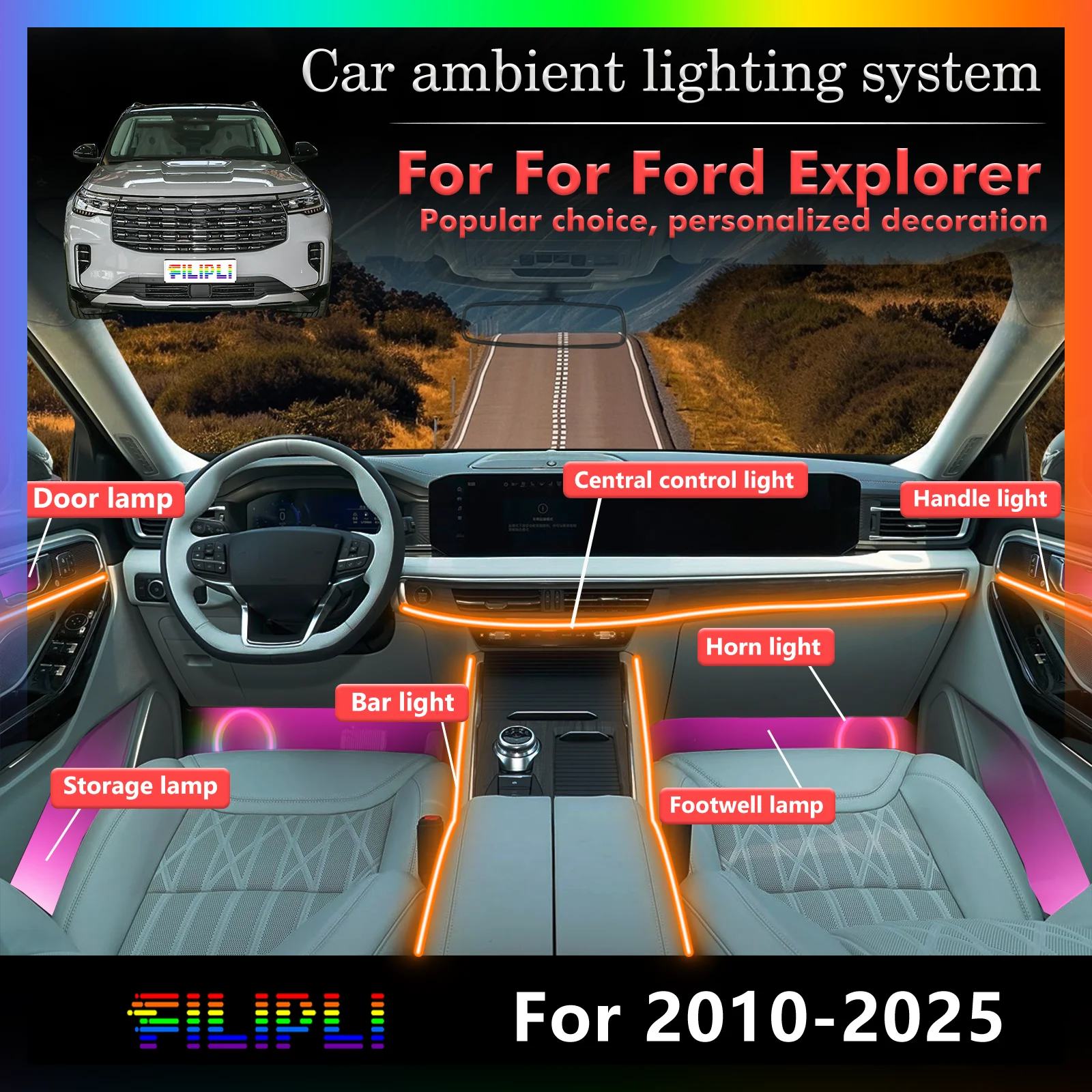 24 In1 for Ford Explorer U502 U625 Car LED Ambient Lamps Colorful Atmosphere Lights Auto Interior Neon Strip 64 RGB Lighting APP