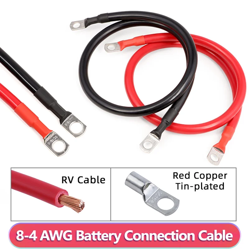 8-4 AWG Battery Inverter Cable Set with M8 Copper Lugs 20-100cm PVC Insulated Stranded Power Cable UPS Battery Connection Wiring