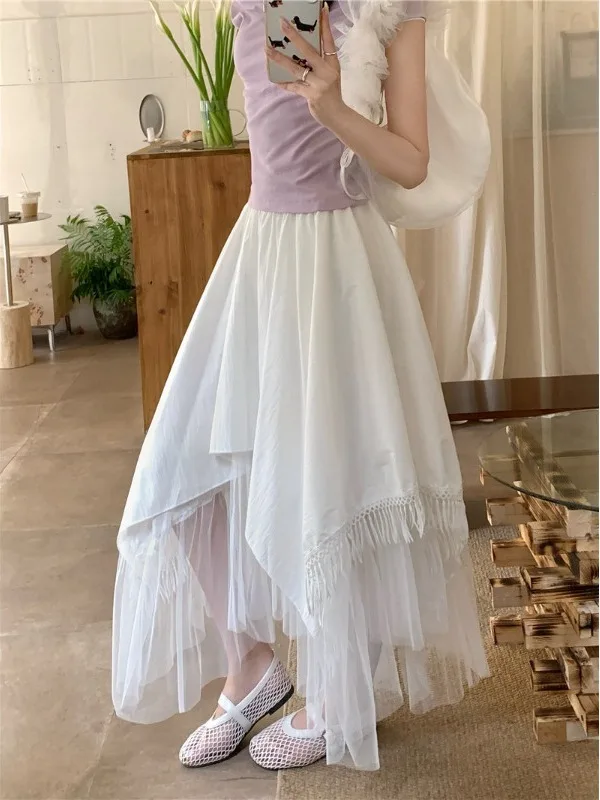

plus Size Maternity Skirt High Waist A-Line Midi Skirt Summer New Style Belly Covering Irregular Lace Tassel Flared Skirt