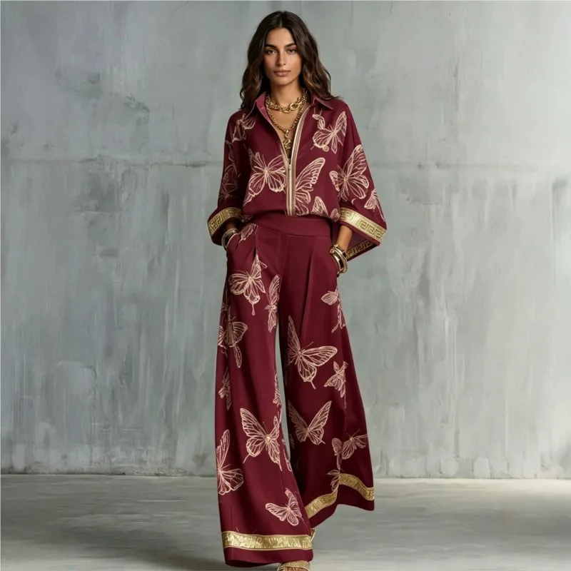 Women Oversized Print Shirt Pants Sets Lapel Long Sleeves Top High Elastic Waist Wide-leg Pant Suit Female Two Piece Set Outfit
