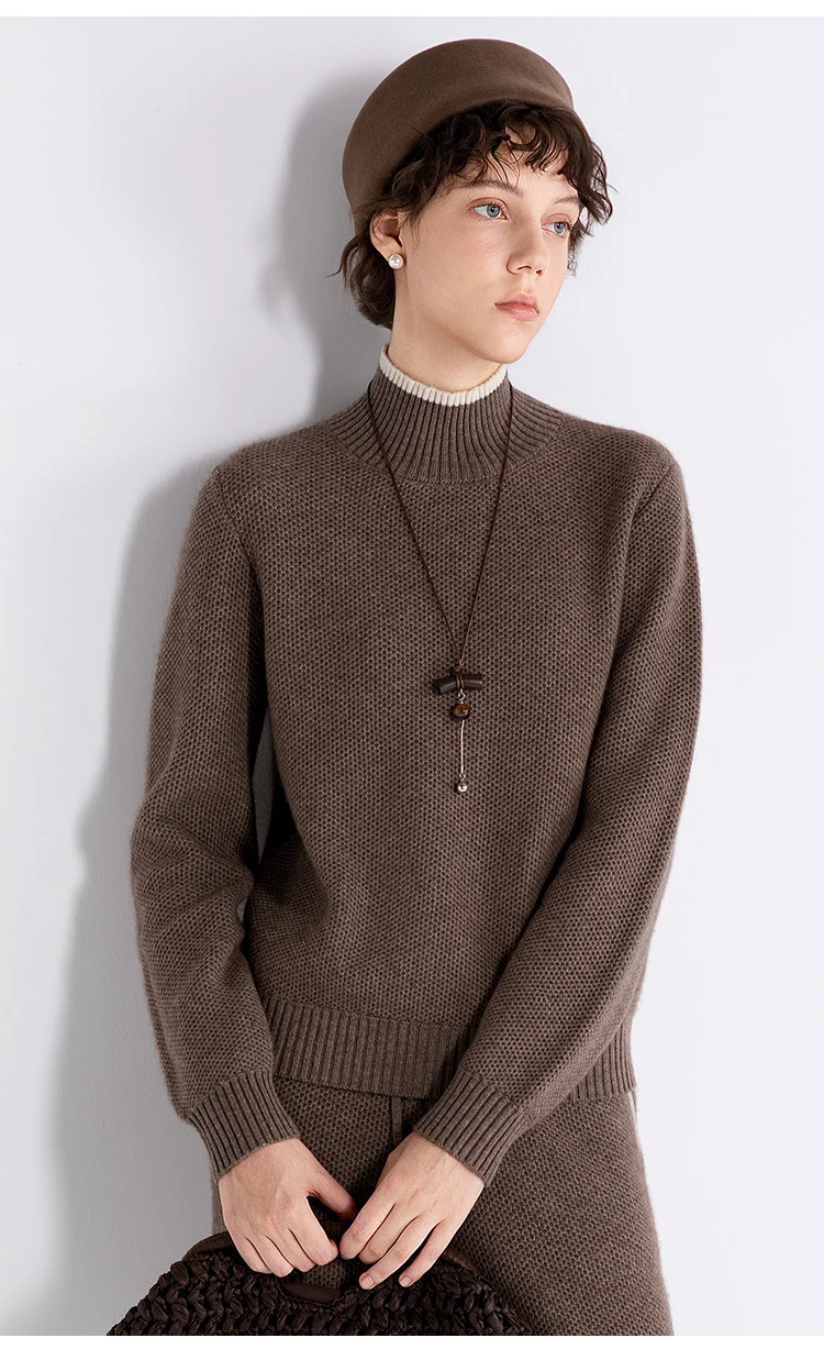 TX862184 Damen-Woll-Kaschmir-Mischung Pullover mit Stehkragen, geripptem Saum, entspannter Passform, LP Quiet Luxury, Frühherbst – Detail 10