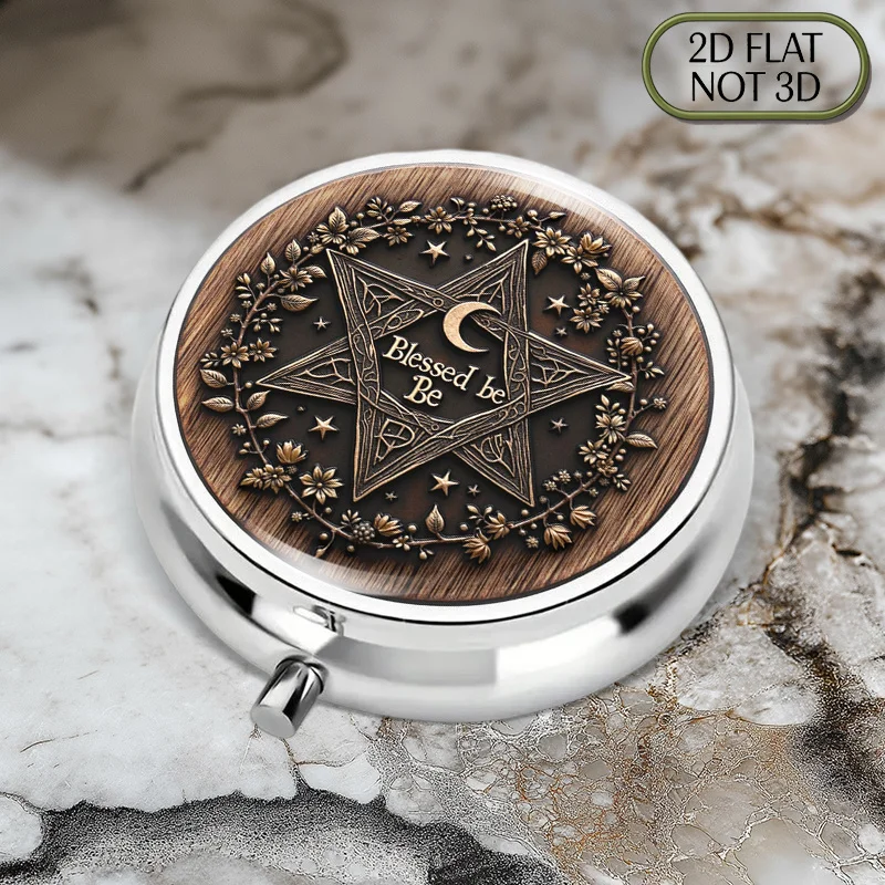 (Flat) 1pc food-grade portable round metal pill box, featuring a pentagram and moon pattern, suitable for travel, perfect for storing small items, a gift for friends and family who value individuality.