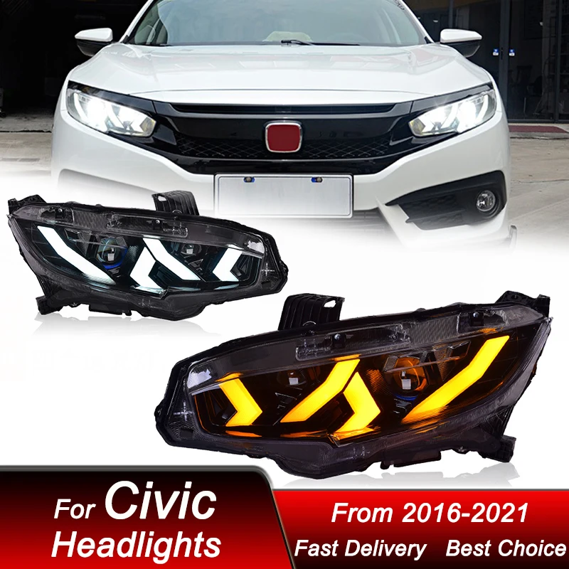 

Поп-автомобильные фары для Honda Civic 10G 2016-2021 Lamborghini Style, светодиодные фары в сборе, обновленный комплект аксессуаров для линз проектора