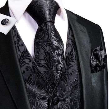 Men's Black Dress Vest Set with Tie Pocket Square Cufflinks - Jacquard Formal Tuxedo Waistcoat Suit Wedding Business Party 2