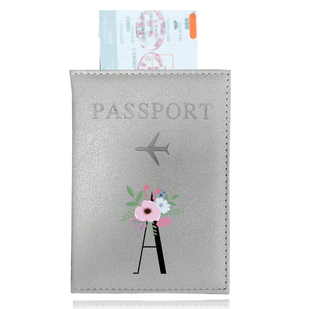 Porte-passeport en PU avec fleur noire imprimée, couvertures argentées pour documents et billets, porte-cartes d'identité et de crédit, accessoires de voyage