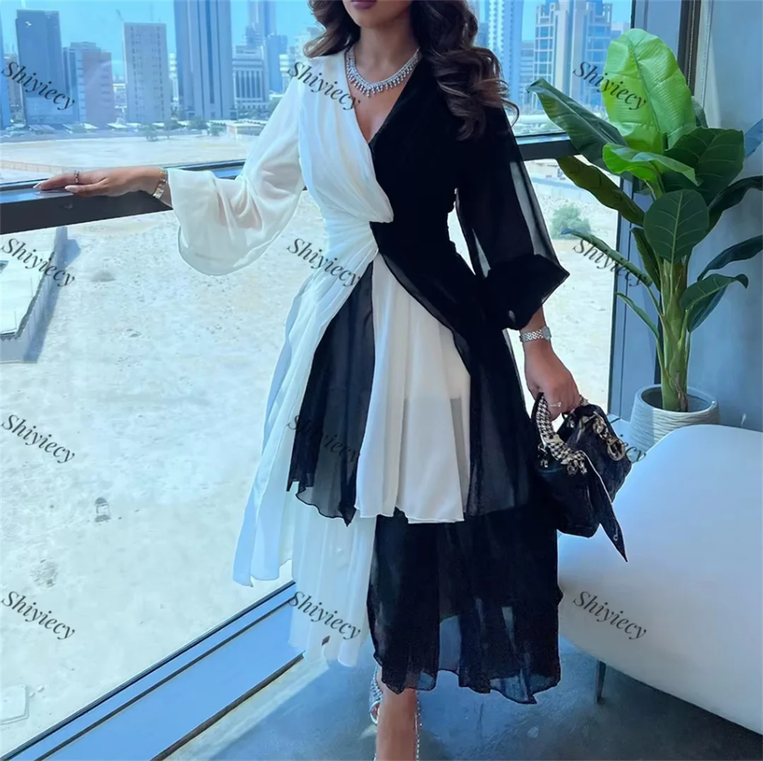 

Elegant Color Blocking Evening Dresses V-neck Long Sleeves Ankle-Length Formal Party Prom Dress Tiered Ruffles vestidos de noche