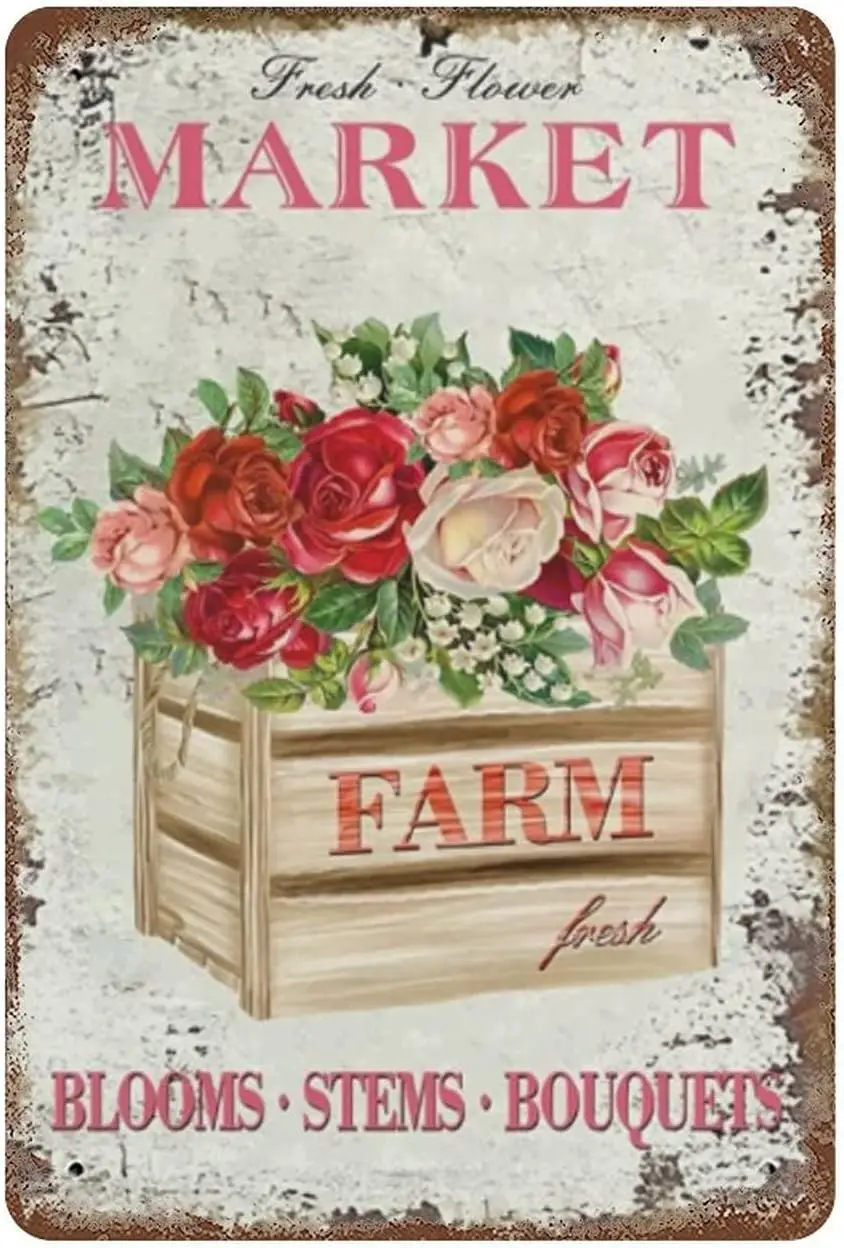 

Farm Fresh Flower Market Tin Metal Sign Spring Summer Fresh Roses Box Yard Sign Country Chic Floral Plant Artwork Poster Iron Si