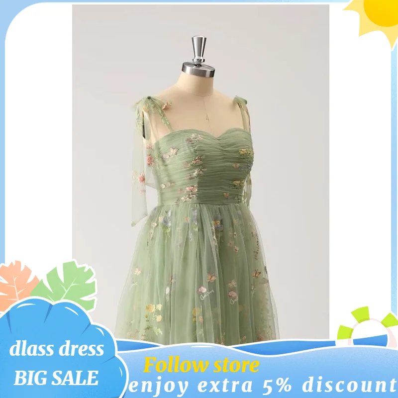 Elegante Tule Een Lijn Prom Dresses 2023 Bloem Borduren Spaghetti Band Sweartheart Hals Formele Avond Party Jurken Voor Vrouwen