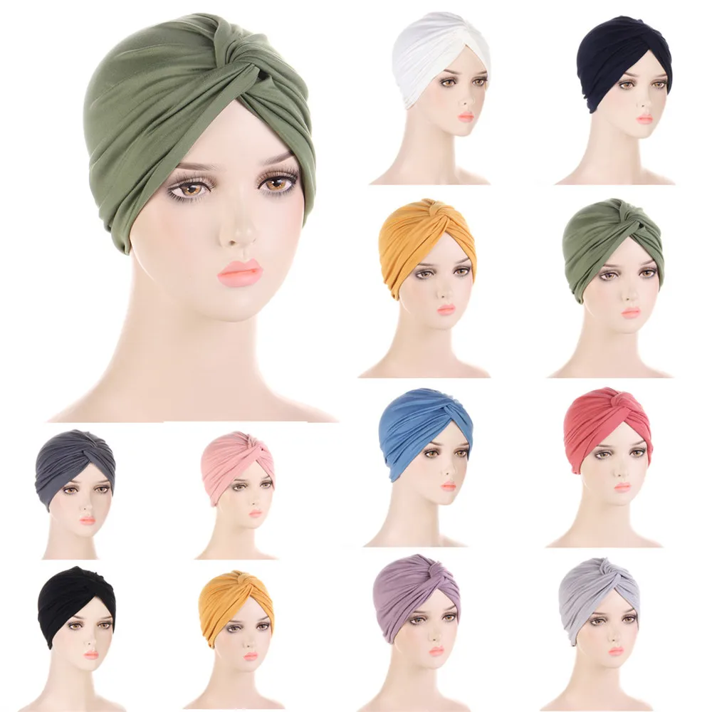 

2024 New Stretch Twist Knot Turban Indian Women Headscarf Wrap Muslim Hijab Inner Cap Chemo Cancer Headwear Hair Loss Bonnet Hat