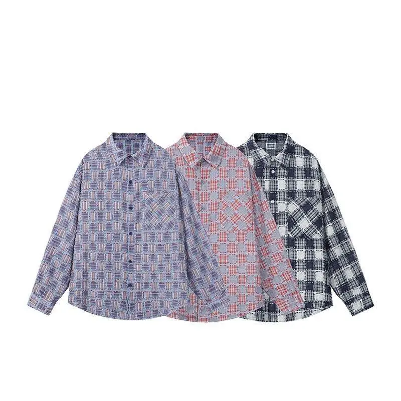 

Мужская повседневная модная рубашка-куртка в клетку для молодежи, весенняя коллекция, приталенный крой, длинный рукав, не требует глажки, полиэстер