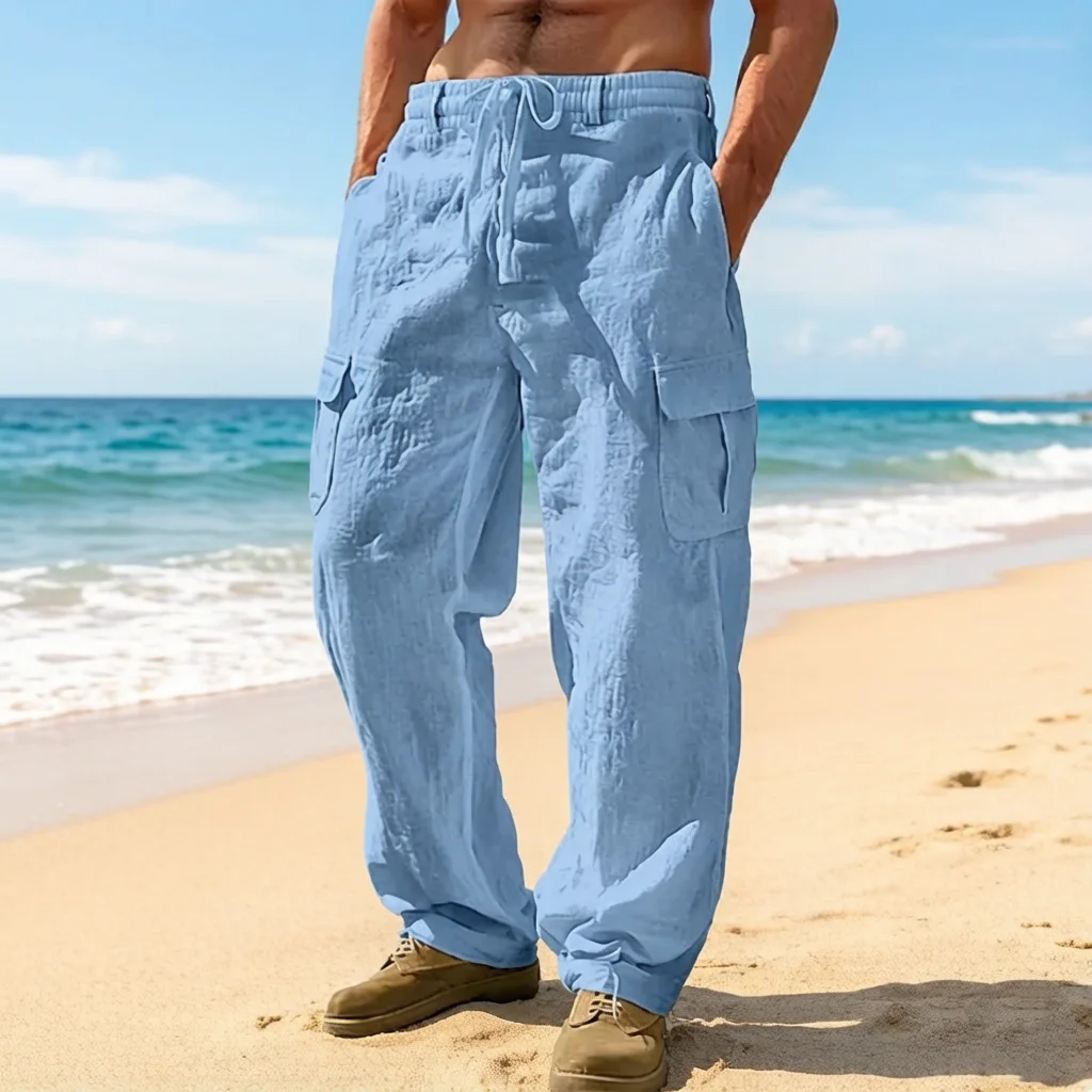 

Men's Casual Trousers Thin Loose Comfortable cargo pants Man Cotton Linen Pants multi-pocket Straight trousers Beach Men pants