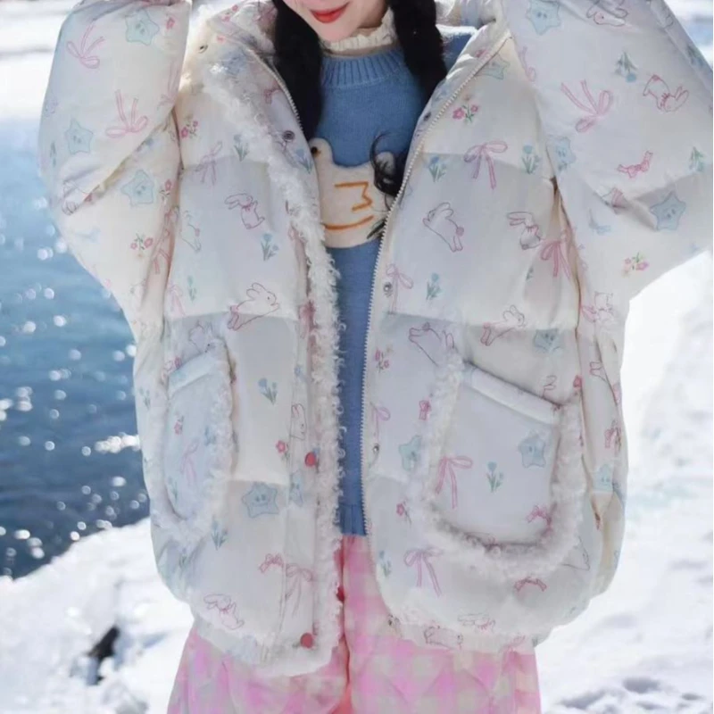 أزياء الكرتون طباعة مقنعين الخبز الملابس النسائية الشتاء تصميم الشعور الباردة واقية سميكة سترة مبطنة بالقطن #1