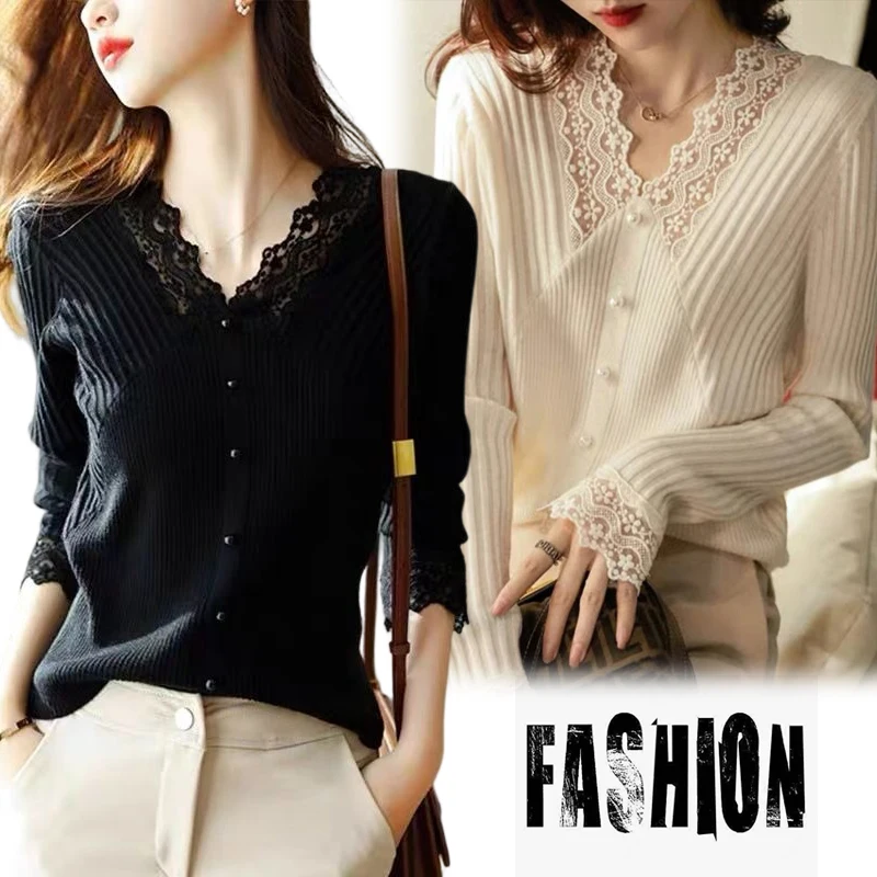 Women's Lace V-neck Sweater Fashion Splice Pearl Slim Fit Long Sleeve Elastic Knit Backing Shirt Solid Color Overlay Sweater