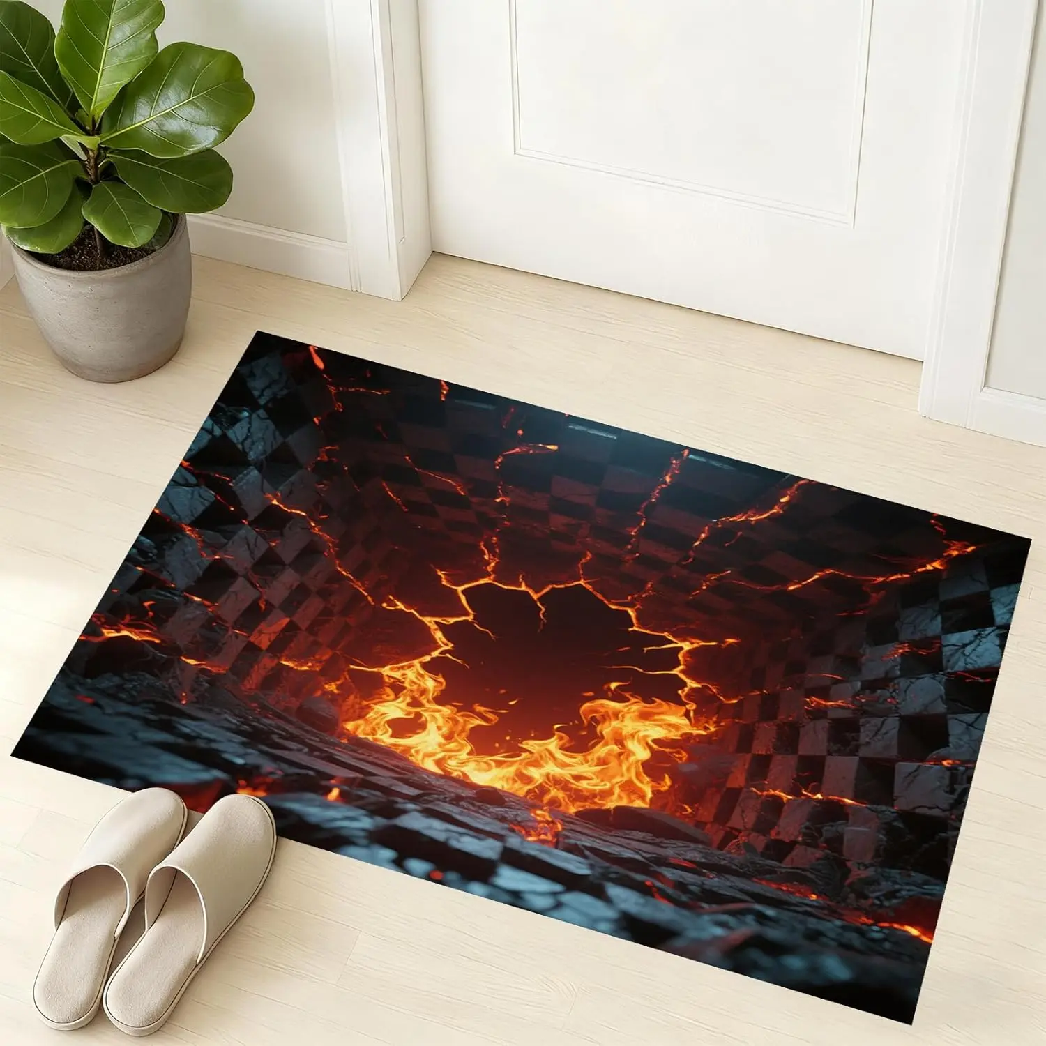 3D Cracked Fire Hole Area Rug, Cool Optical Illusion Lava Print, Non-Slip Washable Mat for Bedroom Room Game Room Indoor Decor