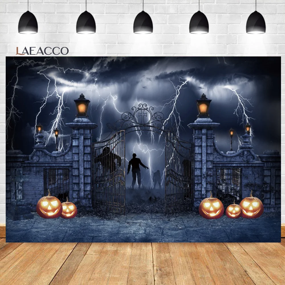 

Laeacco Halloween Night Gloomy Graveyard Gate Photography Background Horrible Zombie Pumpkin Lantern Kid Portrait Photo Backdrop