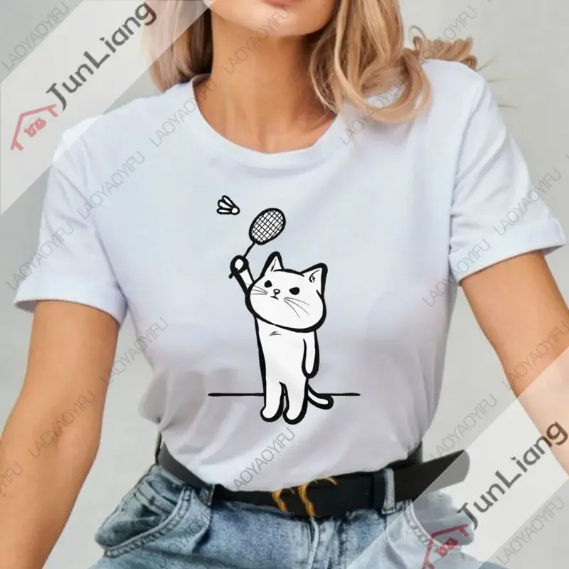 Kawaii amusant badminton chat mignon chaton joueur de badminton imprimé T-shirt Fitness neutre vêtements Camisas vêtements