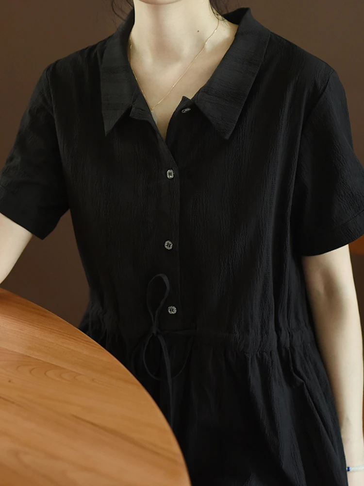 

97-105cm Bust, 111-123cm Length, Summer 2023 New Women Loose Black Comfy Breathable Water Washed Cotton Shirt Dresses