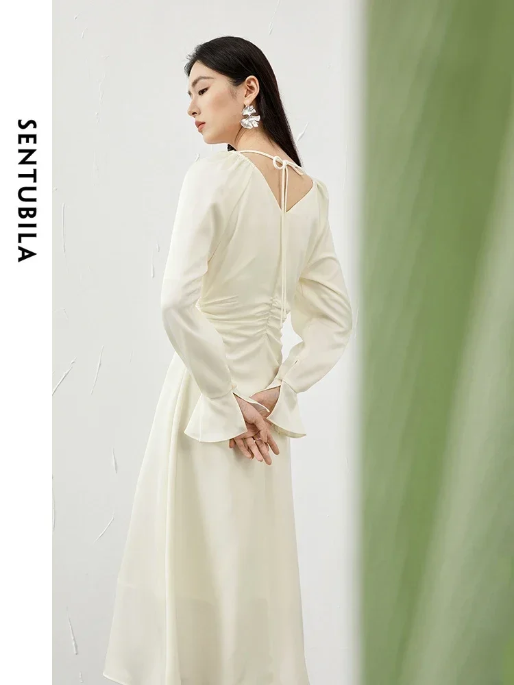 SENTUBILA Abito lungo in raso da donna elegante 2025 Abito longuette a vita increspata con cut-out moda primaverile Lady Evening Party 141L53140