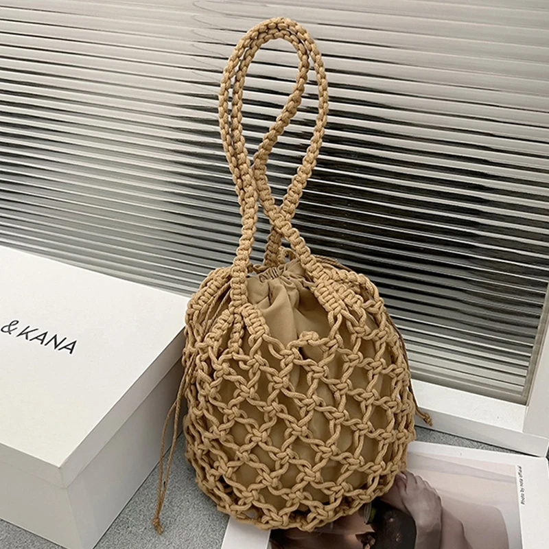 Summer Straw Bucket Bags For Women Handmade Drawstring Beach Shoulder Bags Raffia Rattan Woven Handbags Vacation Shopping Bags