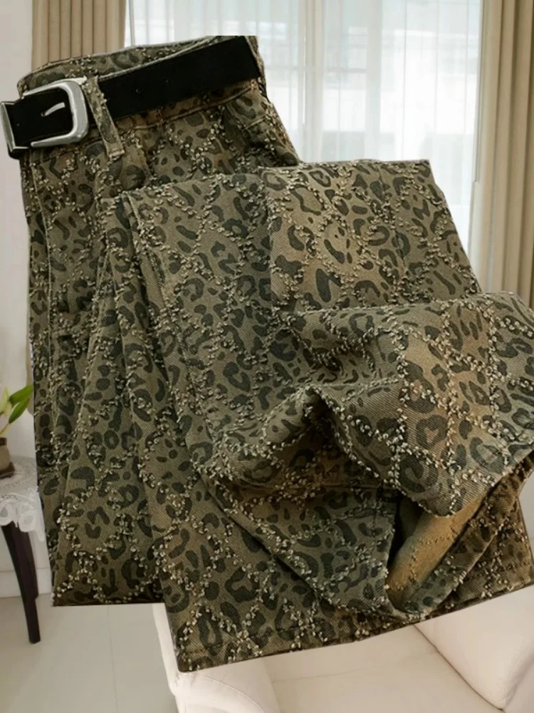 

Ретро американские джинсы с леопардовым принтом Fce на подкладке, широкие брюки прямого кроя, женские зимние новые маленькие размеры с высокой талией для поездок на работу