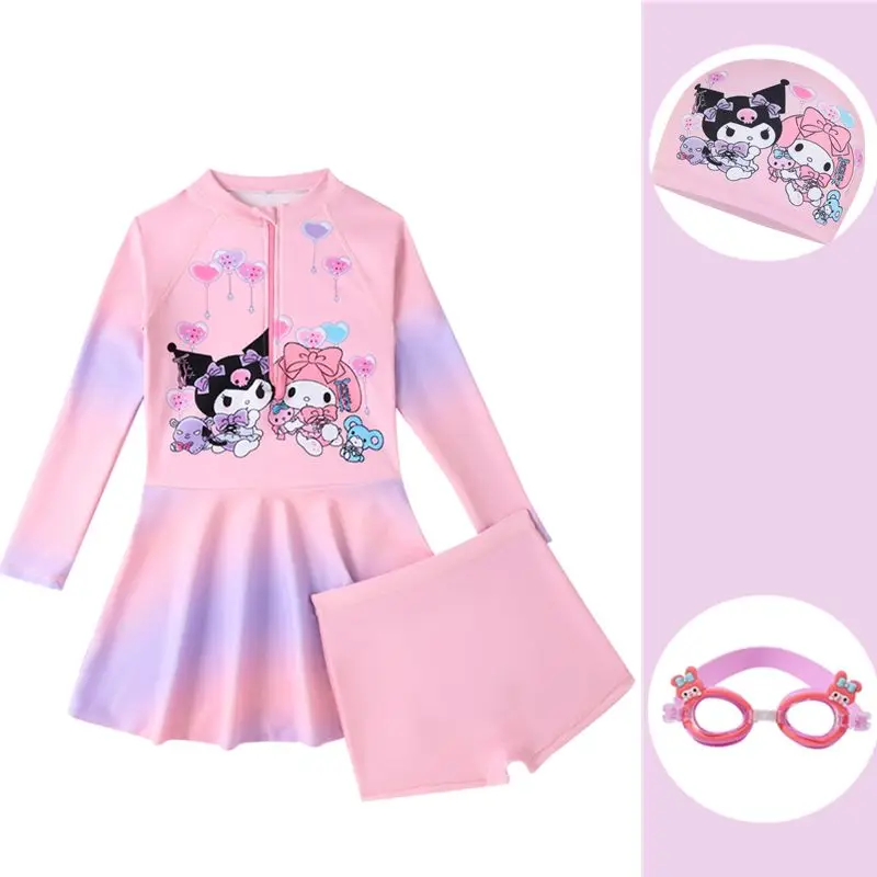 Anime Minha Melodia Kuromi Kids Swimwear Set, Calças de Manga Comprida, Protetor Solar, Fofo Cinnamoroll Swimsuit, Roupa de Banho Secagem Rápida, Presente Meninas