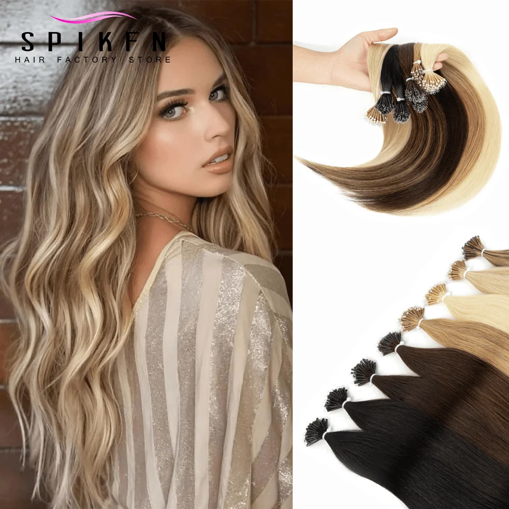 

SPIKFN Invisible Nano Ring Hair Extensions Human Hair Black Straight Nano Human Hair Extensions With Nano Beads 50strands/Pack