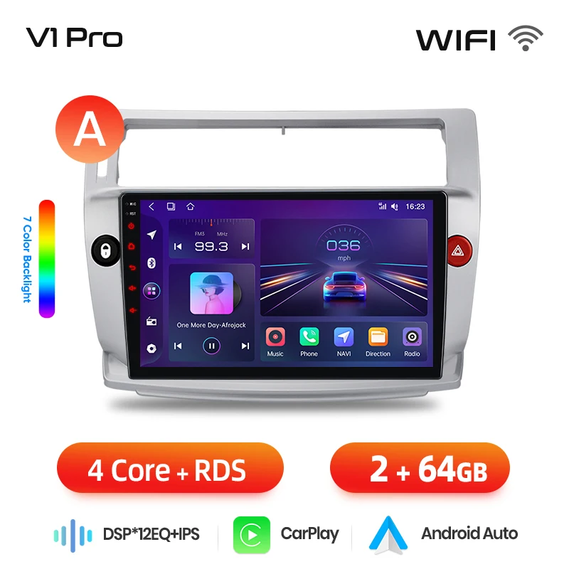 Junsun draadloze CarPlay Android Auto autoradio voor Citroen C4 Mk1 (LA/LC) 2004-2011 met ingebouwde koelventilator, Android GPS navigatie, multimediaspeler, WiFi, DSP, RDS, BT, SWC, IPS touchscreen,