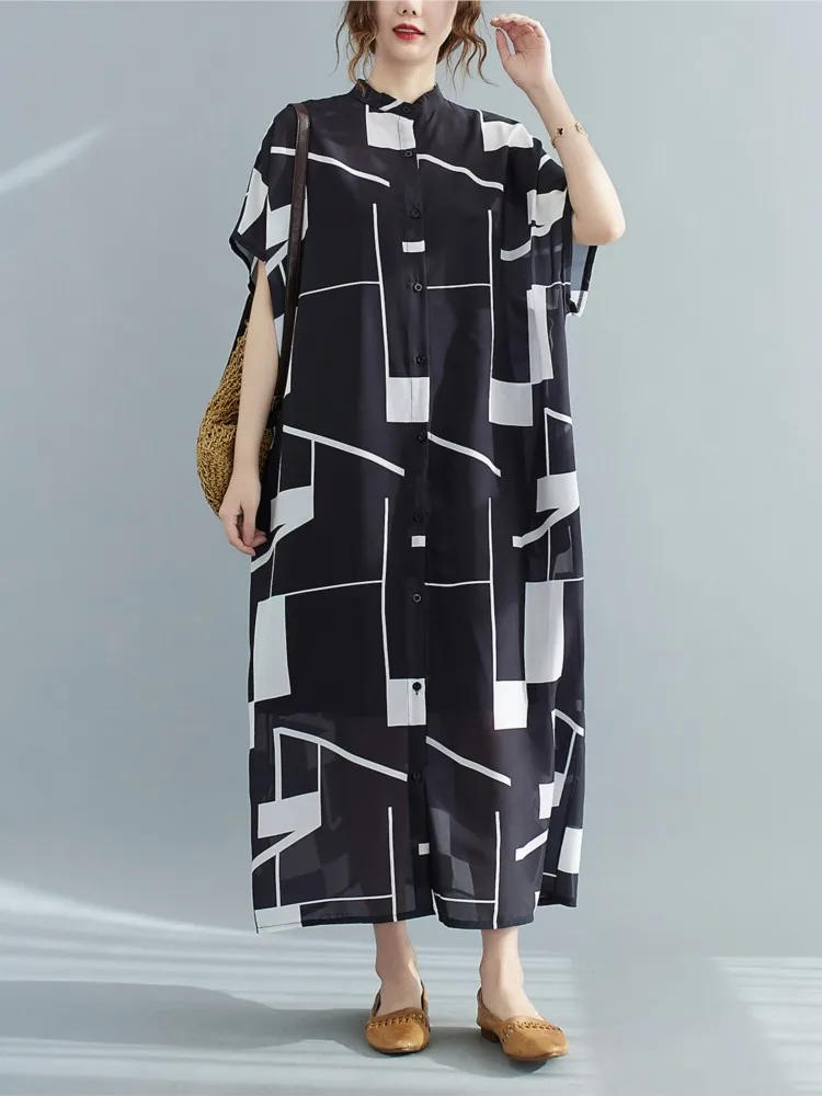 Oversized Summer Shirts Dress Women Irregular Plaid Striped Print Fashiuon Ladies Shirts Dresses Casual Loose Woman Long Dress
