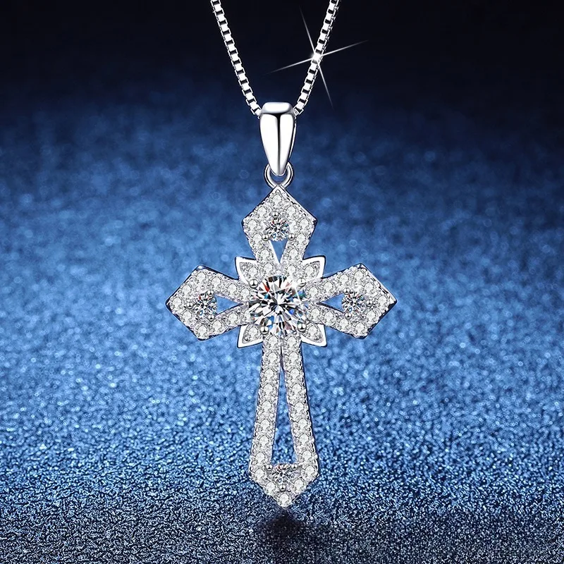 

S925 Sterling Silver Cross Pendant Necklace Hip Hop Style Moissanite Luxury Jewelry for Women Men Unisex Gift
