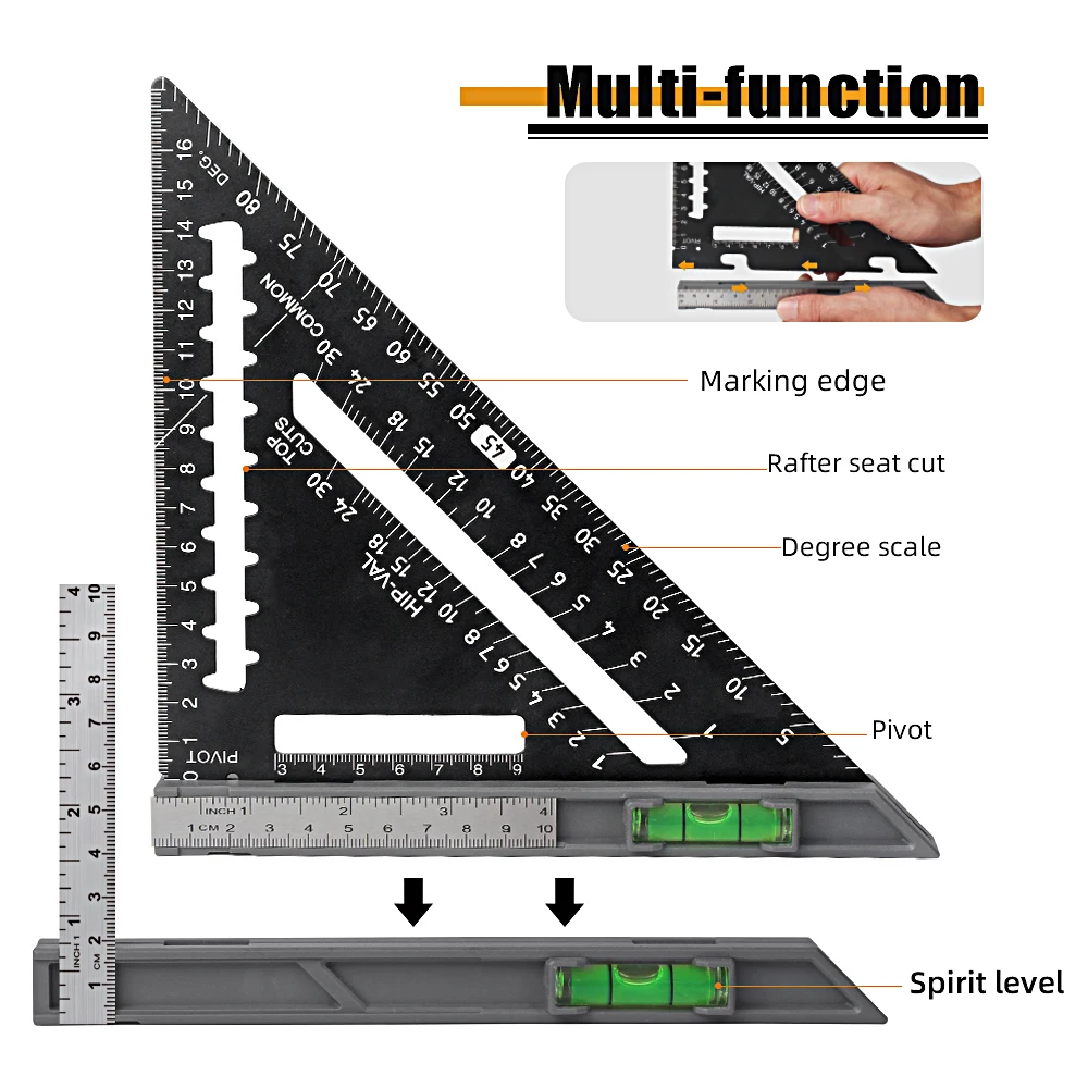 Rongpro Multifunction Triangular Angle Rule Woodworking Tools DIY Carpentry Measuring Instruments With Metal Rule Bubble level