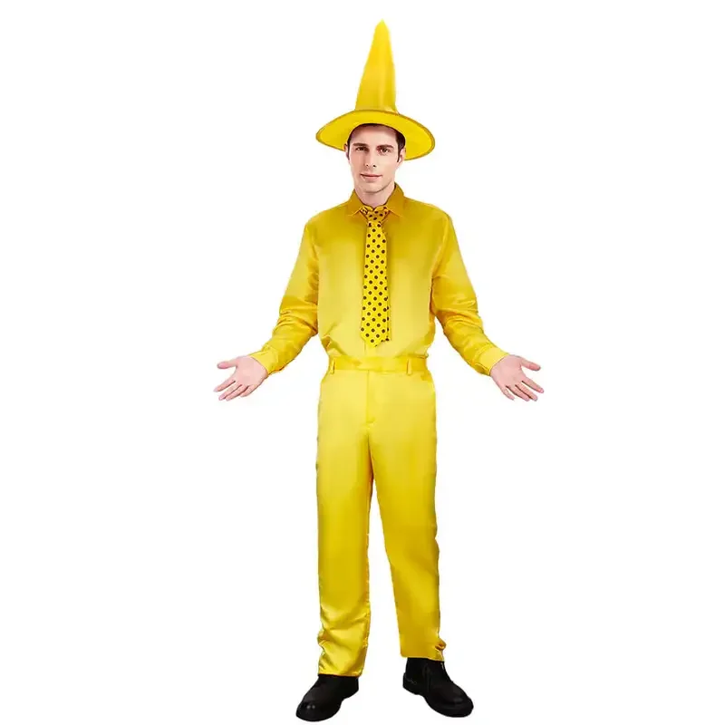 

Curious George Cosplay Person in the Yellow Hat Ted Costume Adult Shirt Trousers Hat Tie In Stock-Takerlama