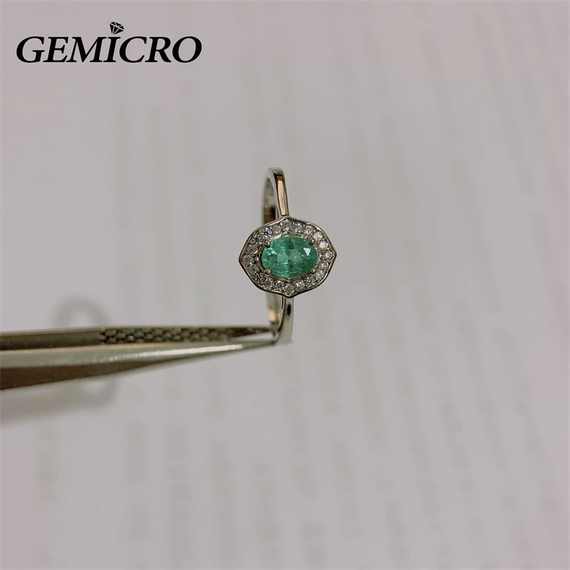 Gemicro 925 Sterling Silver Jewelry with 4*5mm Natural Emerald Stone for Women Ring as Party Wear Gifts Engagement Birthstone