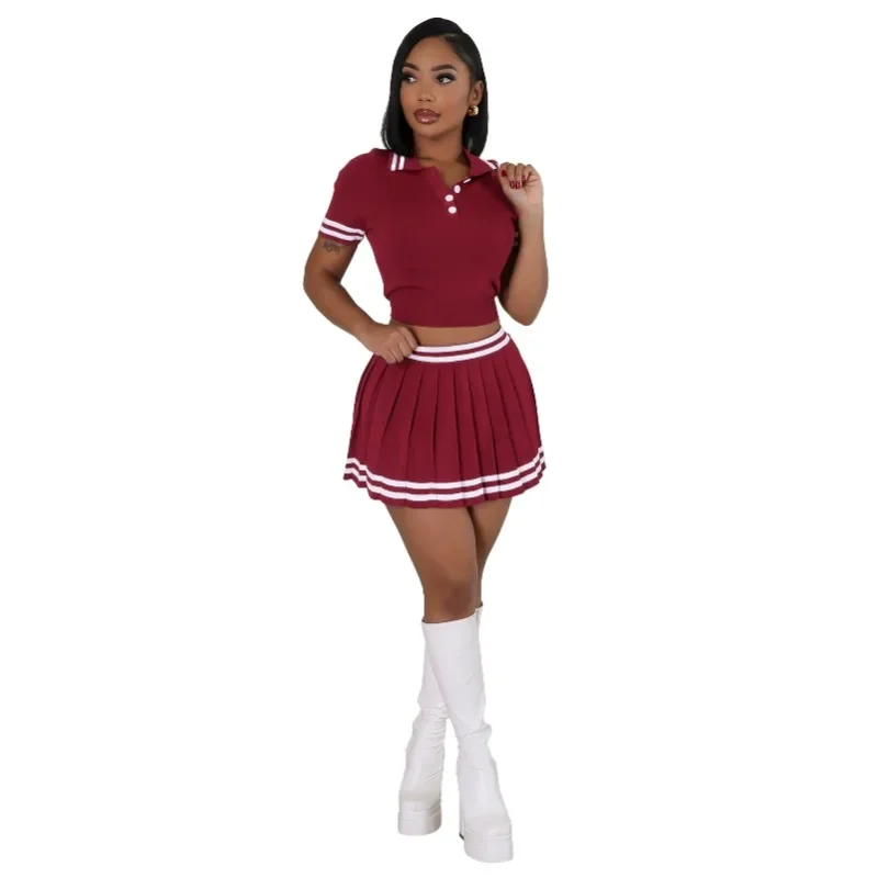 

Women's Clothing Age Reduction New Contrasting Color Knitted Sweater Waist POLO Collar Short-sleeved Pleated Skirt Two-piece Set