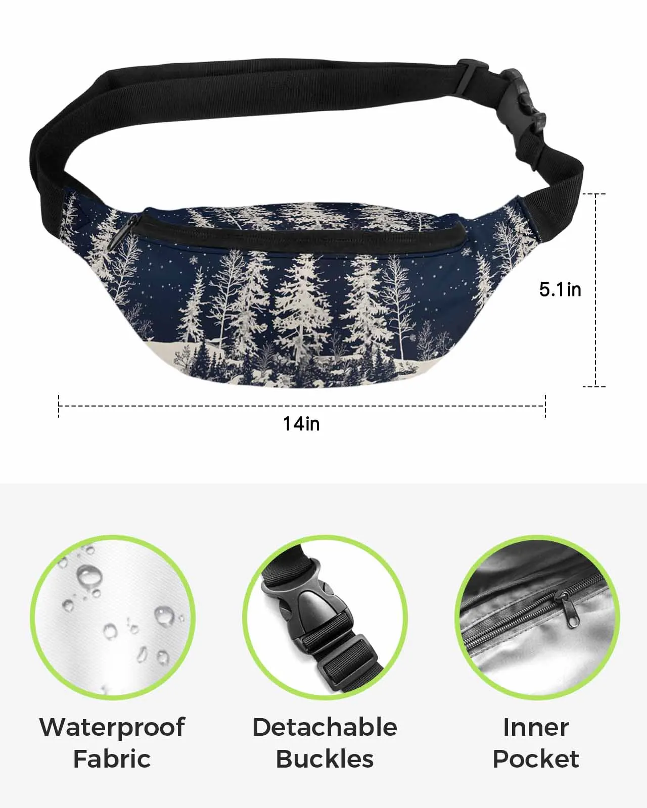 Forest Reindeer Snow Scenery Snowflakes  Men Women Waist Bag Fanny Pack Phone Belt Bag Wallet Pouch Waterproof Banana Hip Bags