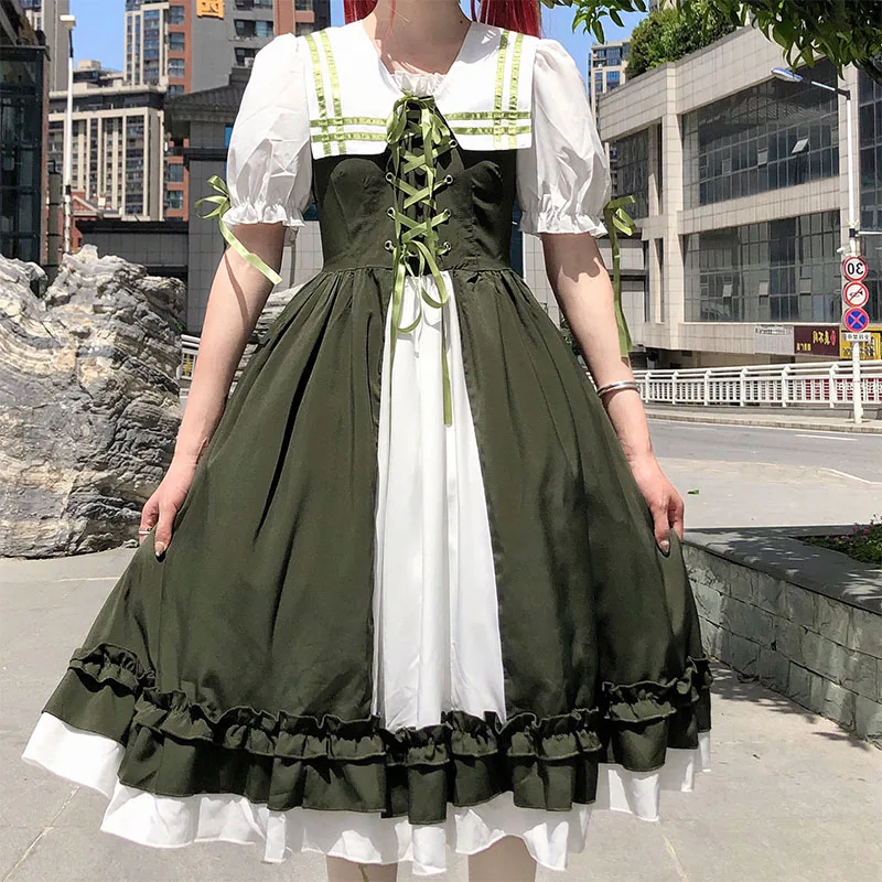 Large Size L-4XL Lolita Sweet Navy Collar Lace-up Dress Summer New Short Sleeve Ruffles Bow Green High Waist Fairy Long Dresses