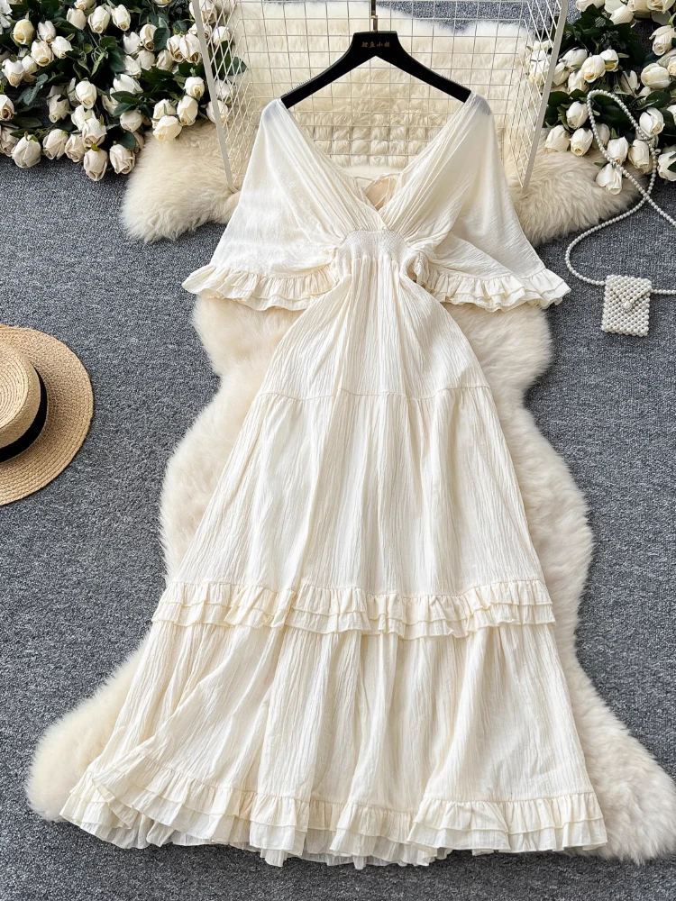 

2025 France Fairycore Elegant Evening Dress Women V-Neck Flare Sleeve High Elasticity Slim Dress Casual Chic Vacation Clothing