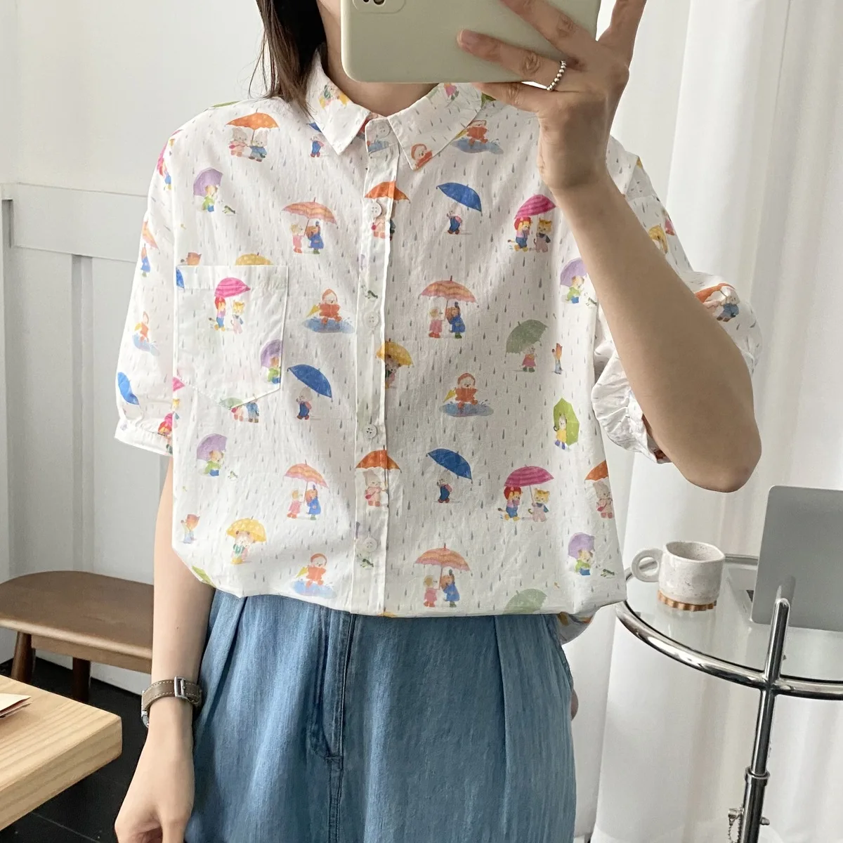 New Spring Cotton Cartoon Printed Shirt Women Lapel Half Sleeve Versatile Tops Girl Age Reduction Blouse 2024 Autumn T43089QC