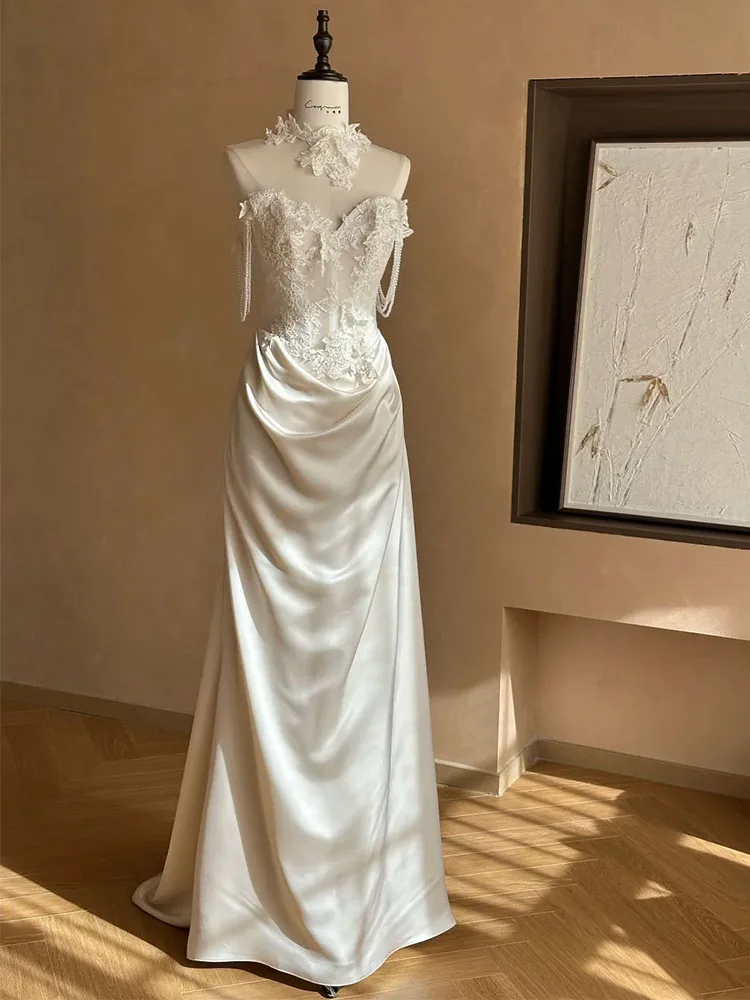 

Ele Lace Bridal Gown with Belt mid Waist Svel Long Dr One oulder Sle Heavy Embroidery Satin Fabric Fi Tail...