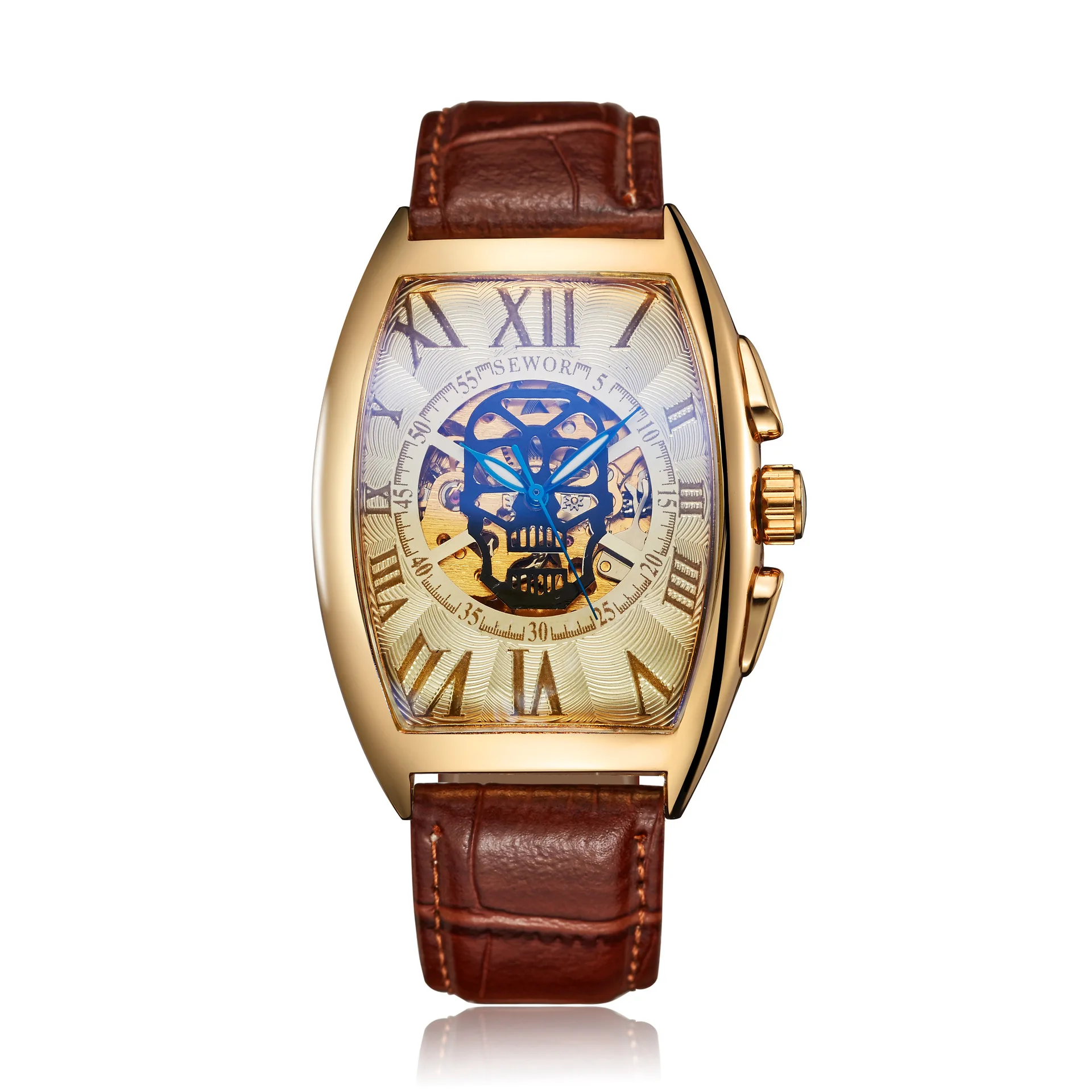 SEWOR Brand Skull Men's Mechanical Watch Automatic Self Wind Fashion Tonneau Wristwatch Brown Leather Strap Nice Gift