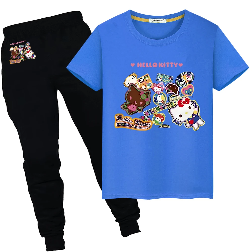 hello kitty Print 100%Cotton Kawaii Cute T-shirt Summer Sports Sets anime Tshirts Short+pantkid holiday gift boys girls clothes image 4