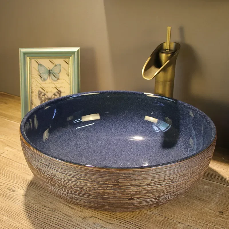 for European Retro Round Ceramic Art Washbasin Single On-stage Basin for Household Bathroom Sink