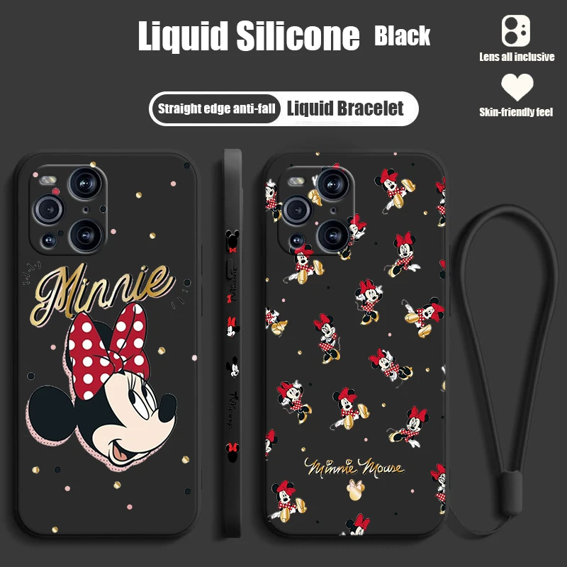 Cute Cartoon Red Minnie For OPPO Find X6 X5 X3 X2 Pro Lite Liquid Left Rope Silicone Cover Phone Case