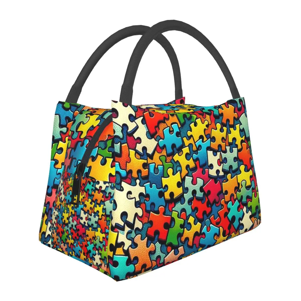 Autism Awareness Colorful Puzzle Piece Print Insulated Lunch Bag for School Bento Storage Food Boxes Portable Thermal Lunch Box