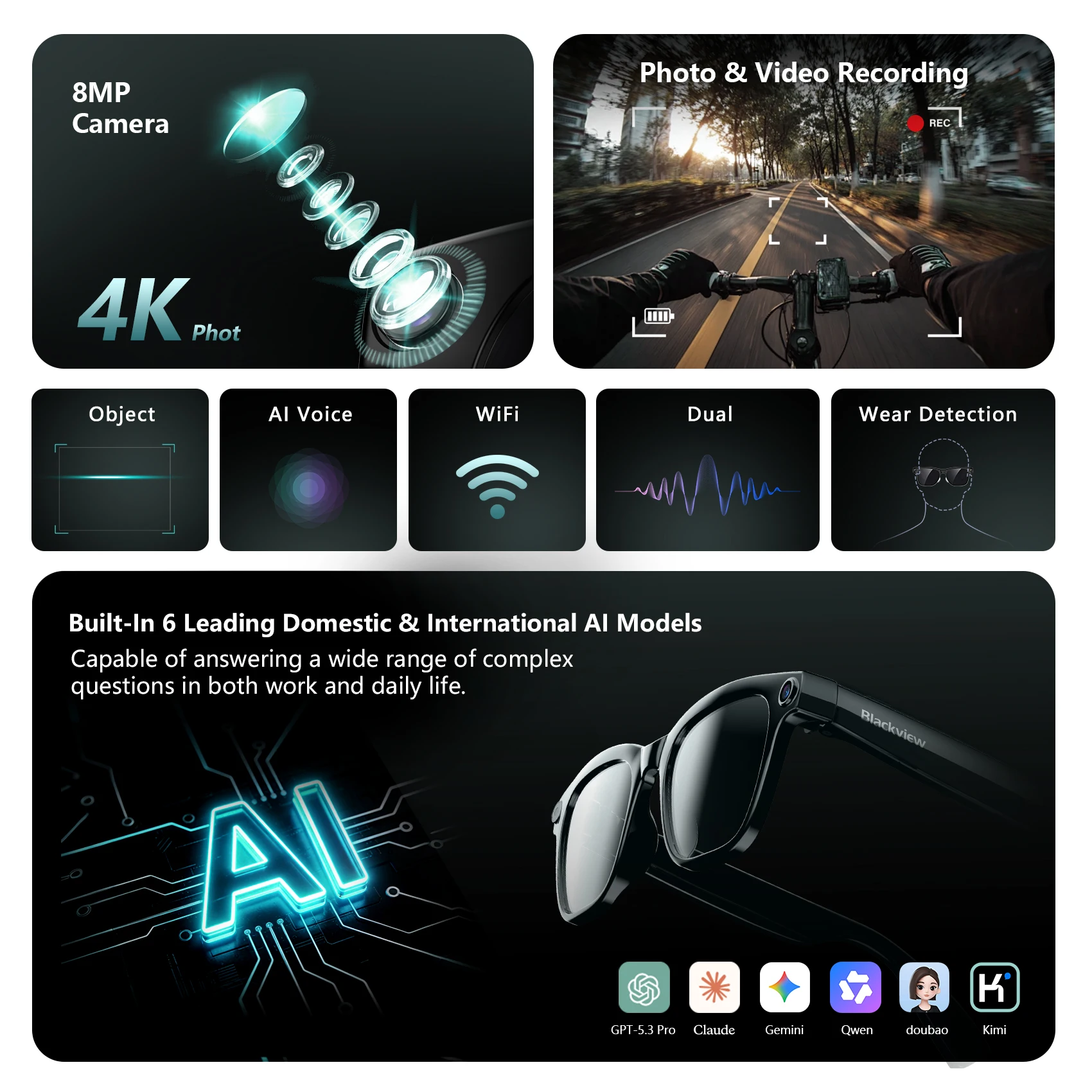 Blackview 4K 8MP BV300 AI Smart-Brille mit Farbwechsel, KI-Übersetzung, Foto- und Videoaufnahme, Anruf-Audio, Intelligente Sonnenbrille für Herren, Neu – Detail 10