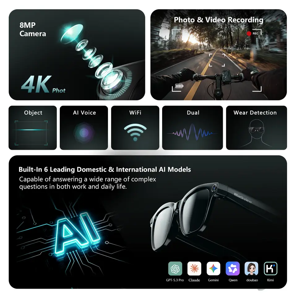 نظارات Blackview BV300 الذكية 4K، نظارات ترجمة ذكية بتغيير الألوان، تسجيل الصور والفيديو، مقاومة للماء، نظارات شمسية ذكية للمكالمات - 6