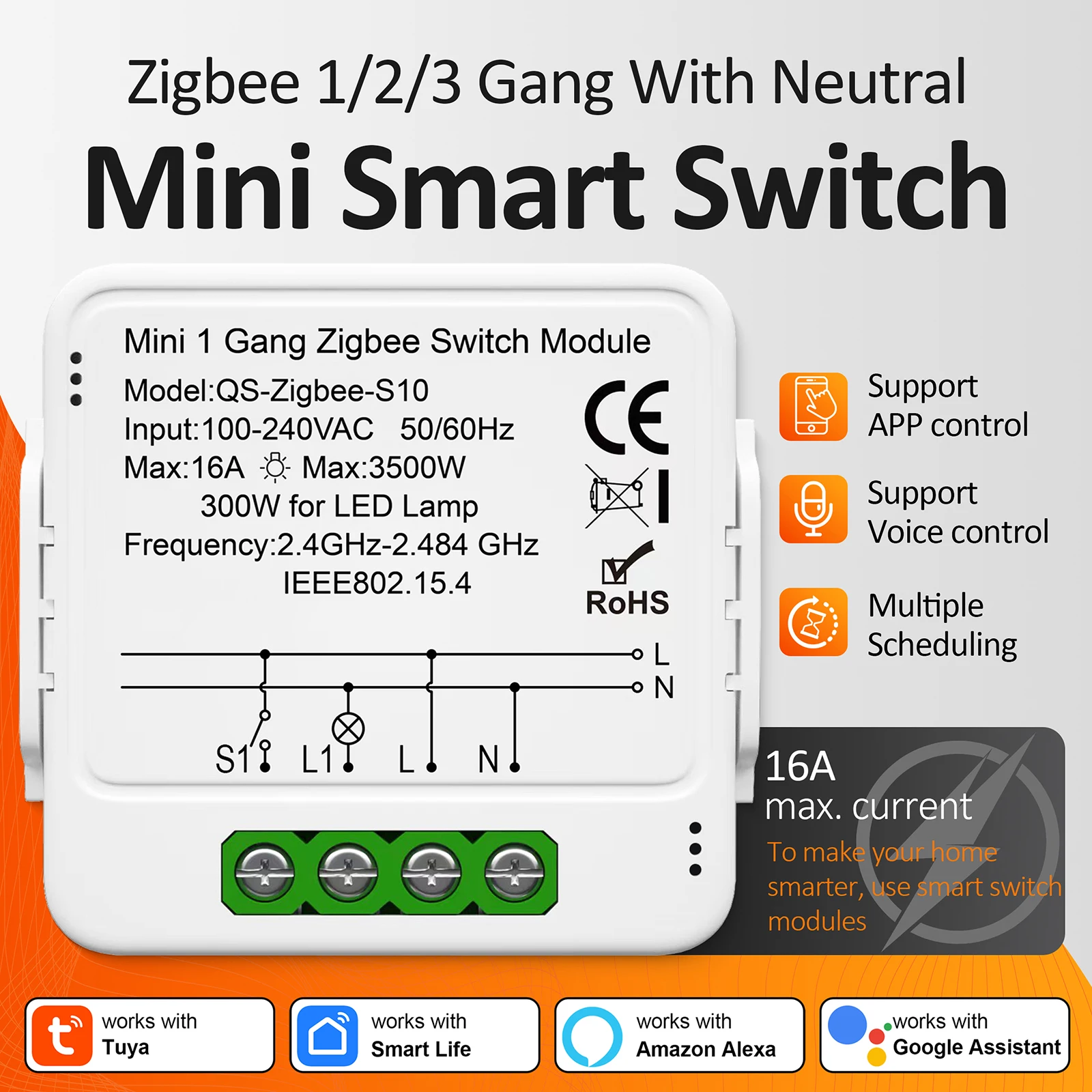 16A Tuya Zigbee Smart Switch Module 1/2/3Gang DIY Switches Mini Smart Breaker Smart Life Control  Works With Alexa Google Home