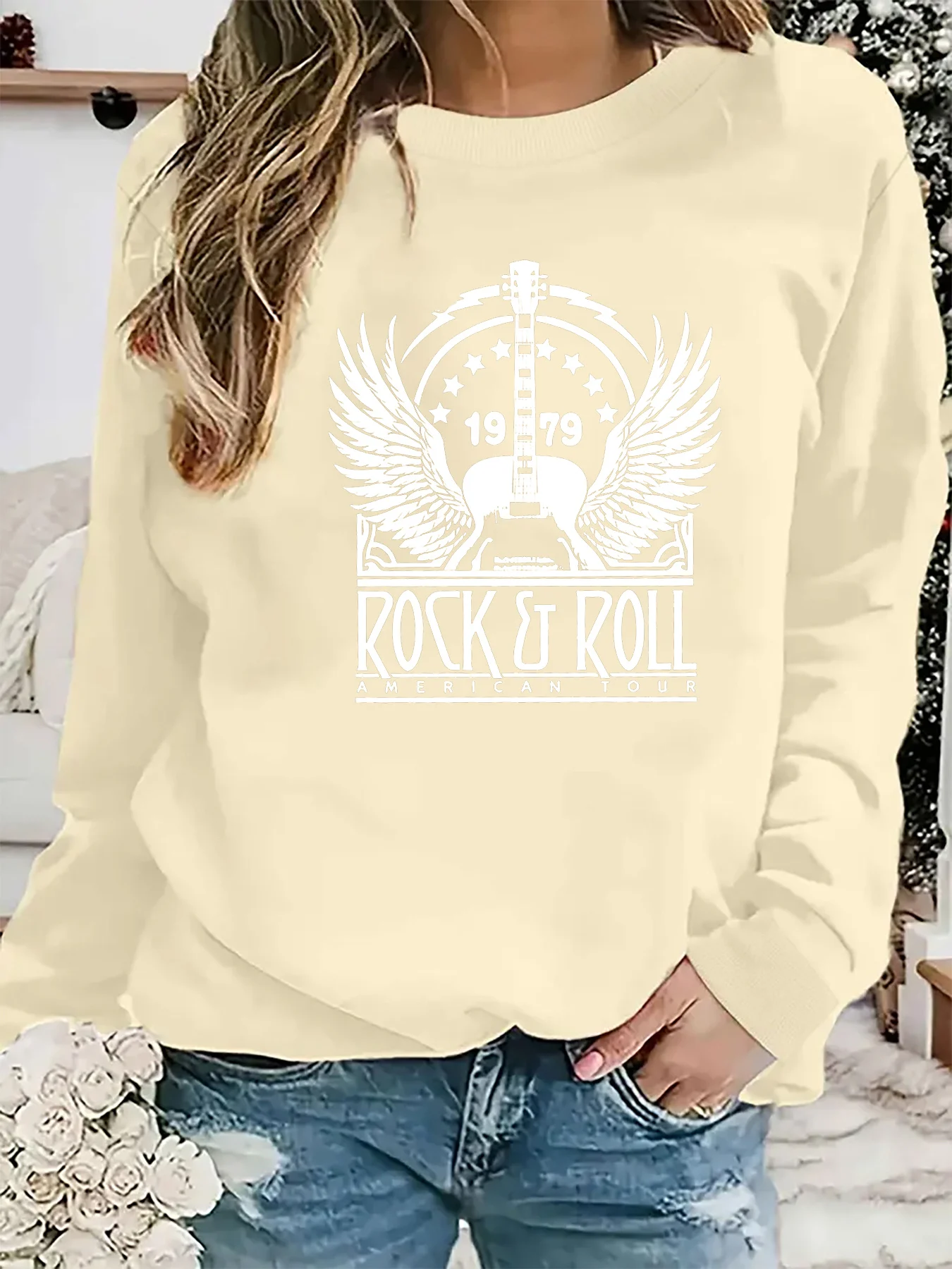 Jersey informal holgado y cómodo con estampado de ROCK ROLL para mujer, jersey de manga larga con cuello redondo, otoño e invierno